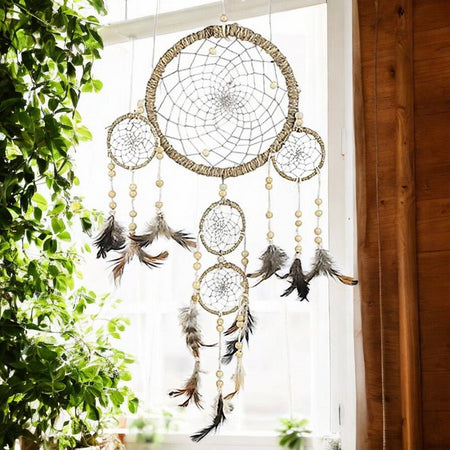 acchiappasogni artigianale in canapa naturale con piume e perline