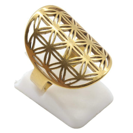 anello regolabile in acciaio dorato con fiore della vita per energia e equilibrio