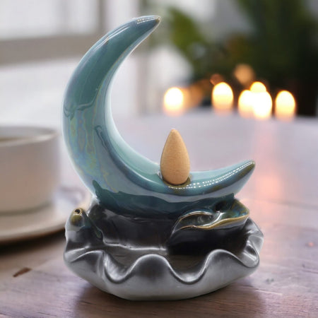 Bruciatore per coni a fumo discentente a forma di luna con effetto fumo a cascata