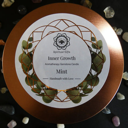 Confezione della Candela alla menta ed eucalipto con cera di palma e pietra di luna autentica.