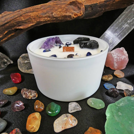 candela Chakra Plesso Solare con Ametista e Agata Nera, ideale per forza e sicurezza interiore.