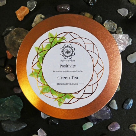 Confezione della candela artigianale con citrino e note di limone e camomilla, durata circa 34 ore.