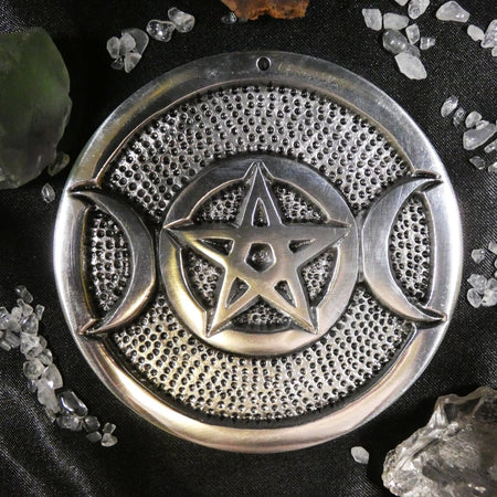 brucia incenso in metallo con simbolo della tripla luna e pentacolo wiccan