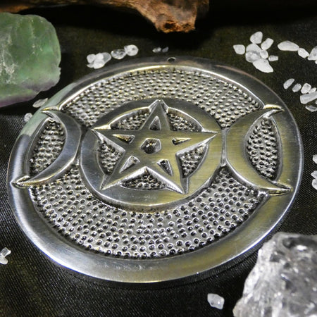 porta incenso in metallo per bastoncini e coni con design wiccan tripla luna