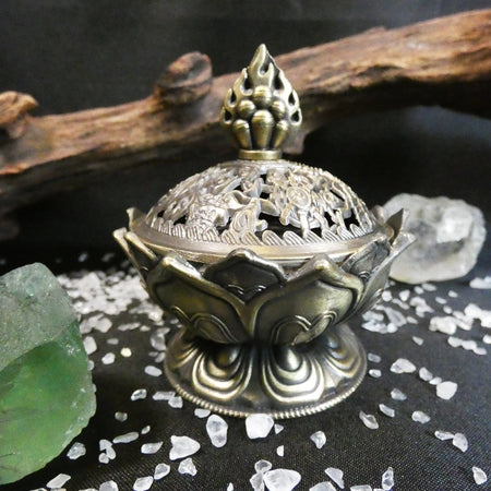 brucia incenso loto bronzo elegante con coperchio traforato per meditazione