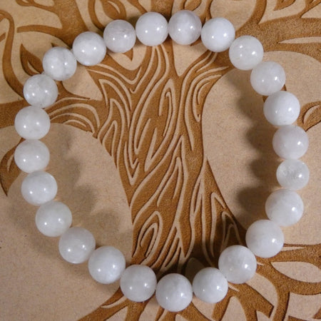 bracciale in Pietra di Luna Bianca con perle da 8 mm, ideale per intuizione e serenità interiore.