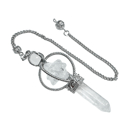Pendolo Merkaba in cristallo di rocca naturale con catena in metallo