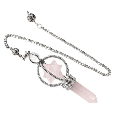 Pendolo Merkaba in quarzo rosa con cristallo amplificatore e catena in metallo