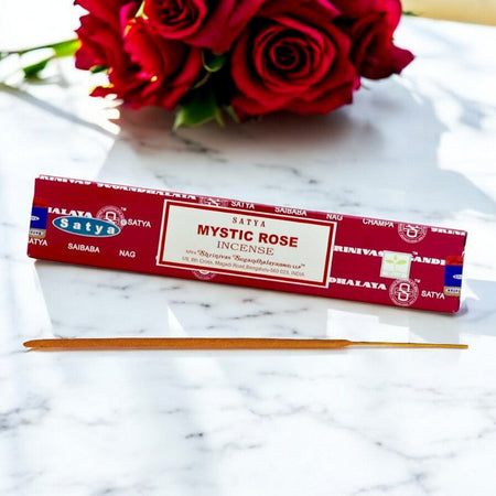 Confezione da 15 grammi di stick di Incenso Satya con profumazione alla rosa mistica