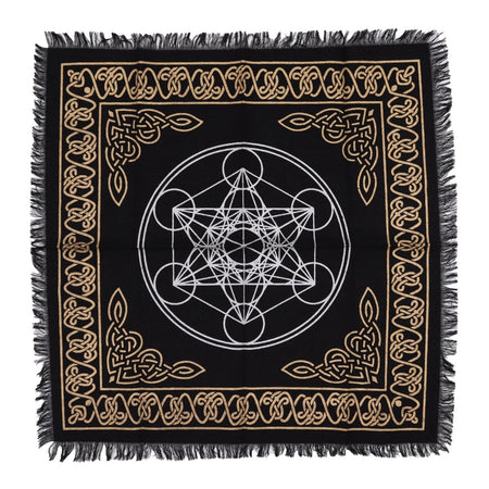 Telo da altare nero, bianco con decorazioni color bronzo e simbolo sacro del Cubo di Metatron