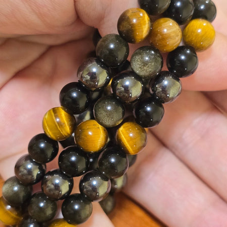 Bracciale tripla protezione con perle da 8 mm in ossidiana dorata, occhio di tigre e ematite