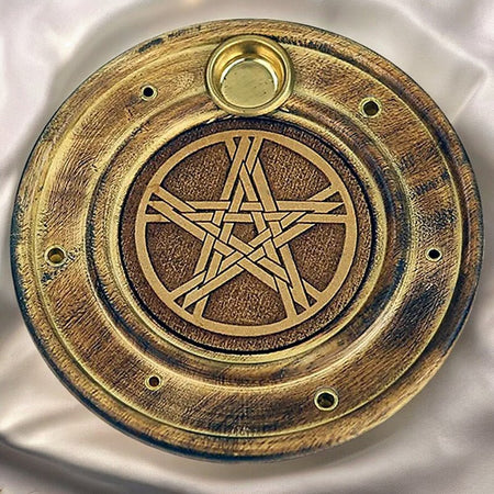 Brucia Incenso da 10 cm in Legno per Bastoncini con base in metallo per coni con inciso al centro il Pentacolo