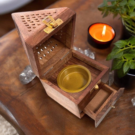 Brucia Incenso in legno di qualità con pratico scomparto per riporre i conetti e base in metallo