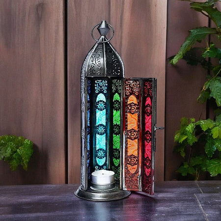 Lanterna d'atmosfera Orientale 7 Chakra in Metallo Lavorato a mano con sportello aperto illuminato