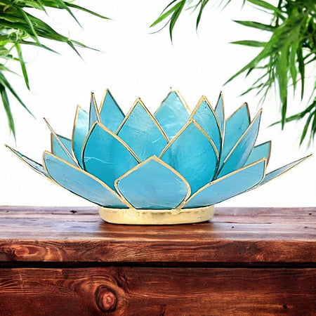 portacandela loto color ciano in capiz per chakra della gola vishuddha