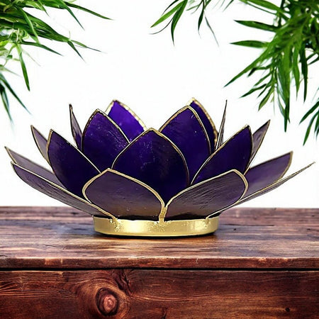 portacandela loto in conchiglia capiz viola per chakra della corona