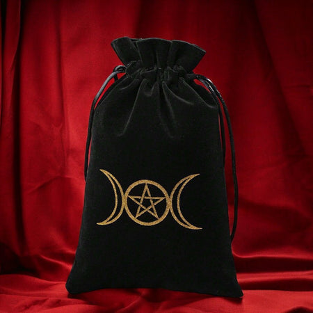 sacchetto velluto nero con triplice luna e pentacolo per tarocchi e rune