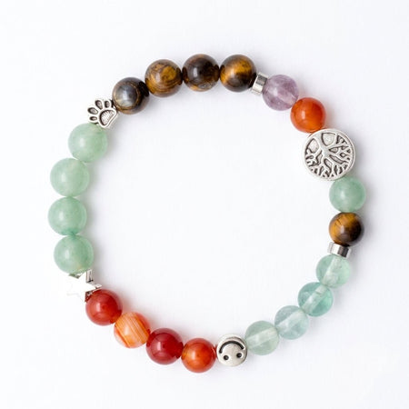 Bracciale elastico da bambino con perline di pietre naturali da 6mm di fluorite, occhio di tigre, corniola e avventurina.