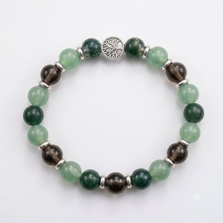 Bracciale con pietre naturali di agata muschiata, avventurina e quarzo fumè con piccoli distanziatori argentati lucidi.