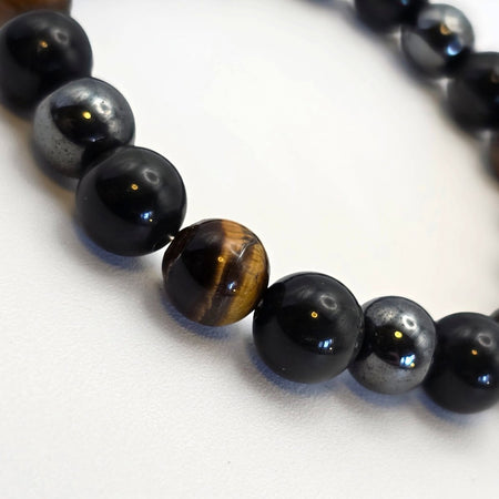 Bracciale tripla protezione con perle da 8 mm in ossidiana dorata, occhio di tigre e ematite